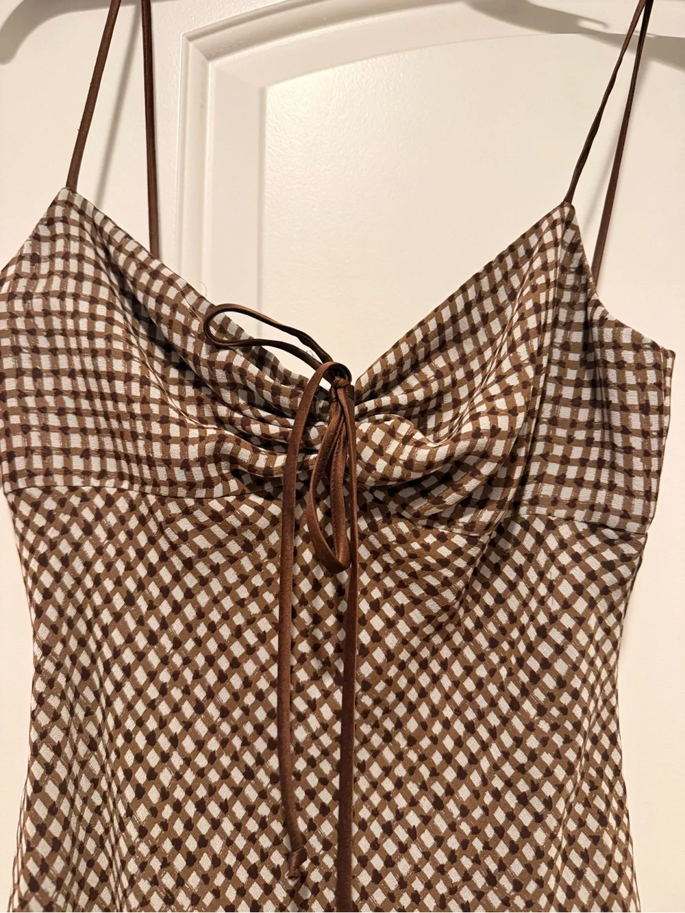 Brown Checkered Slip Dress with Spaghetti Straps - Picture 4 of 4